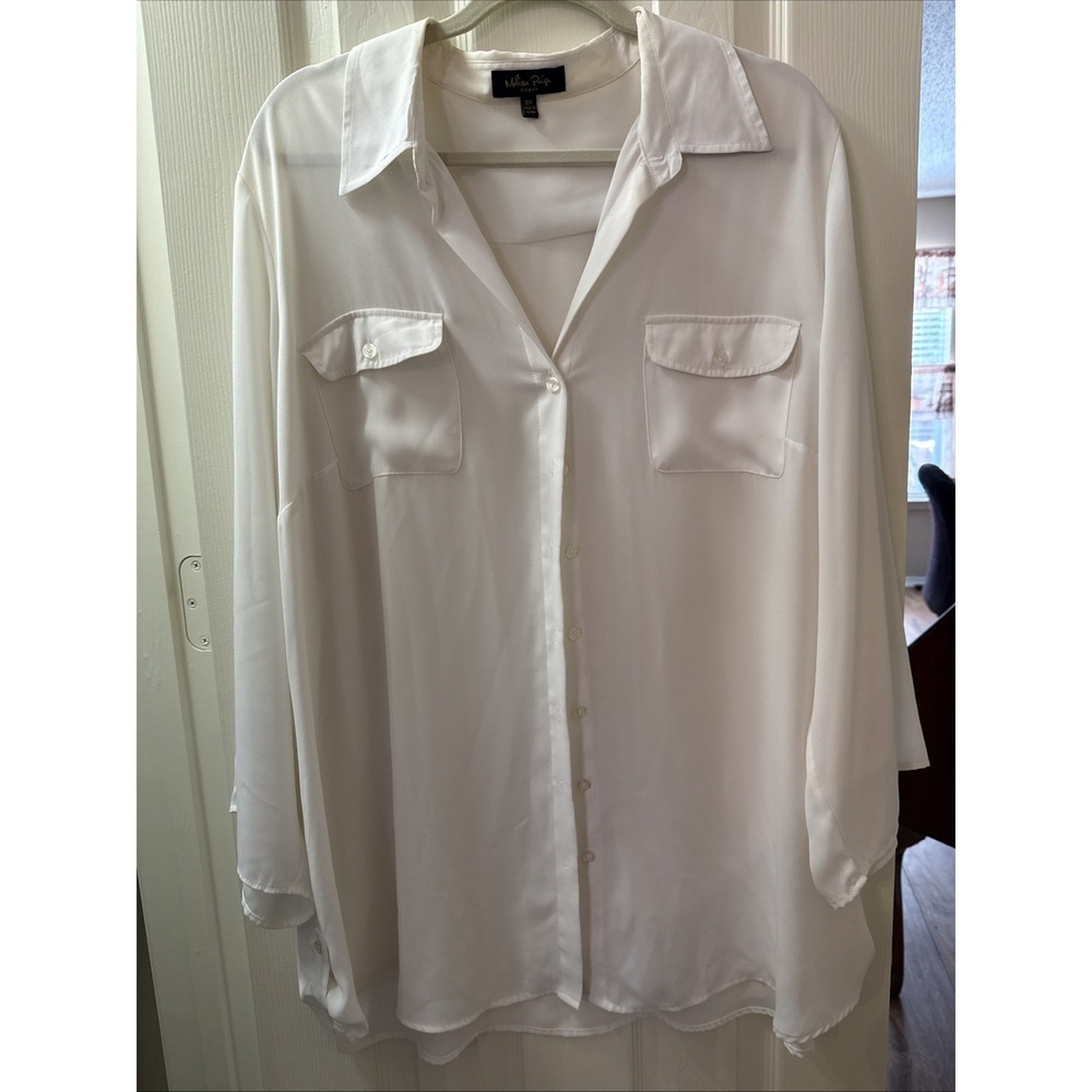 Melissa Paige Woman Ivory Button Down Blouse Plus Size 2X Pockets Long Sleeve